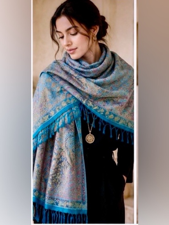 Accessories - Pashmina ~~Elegant Teal Paisley Fringe Shawl - Versatile Women's Wrap